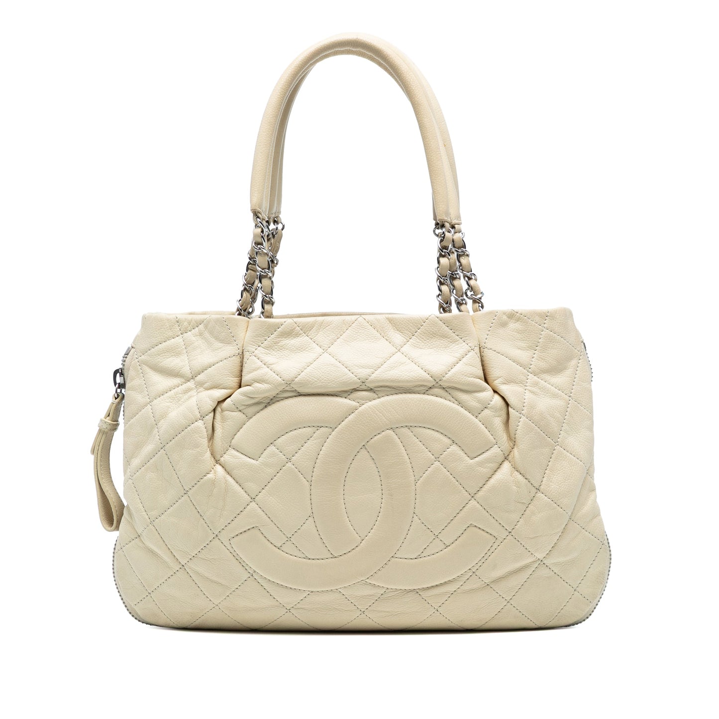 White Chanel CC Quilted Caviar Expandable Tote