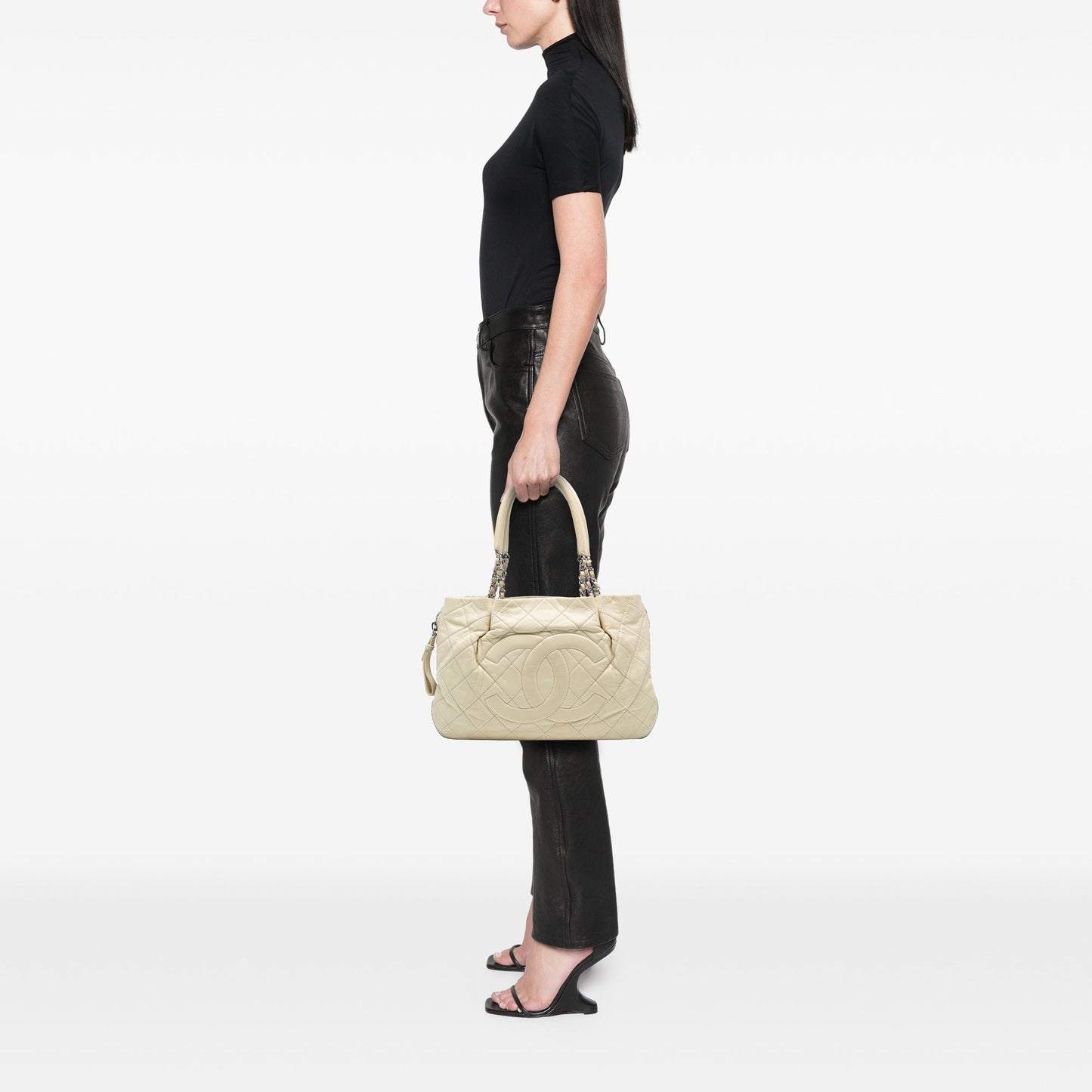 White Chanel CC Quilted Caviar Expandable Tote