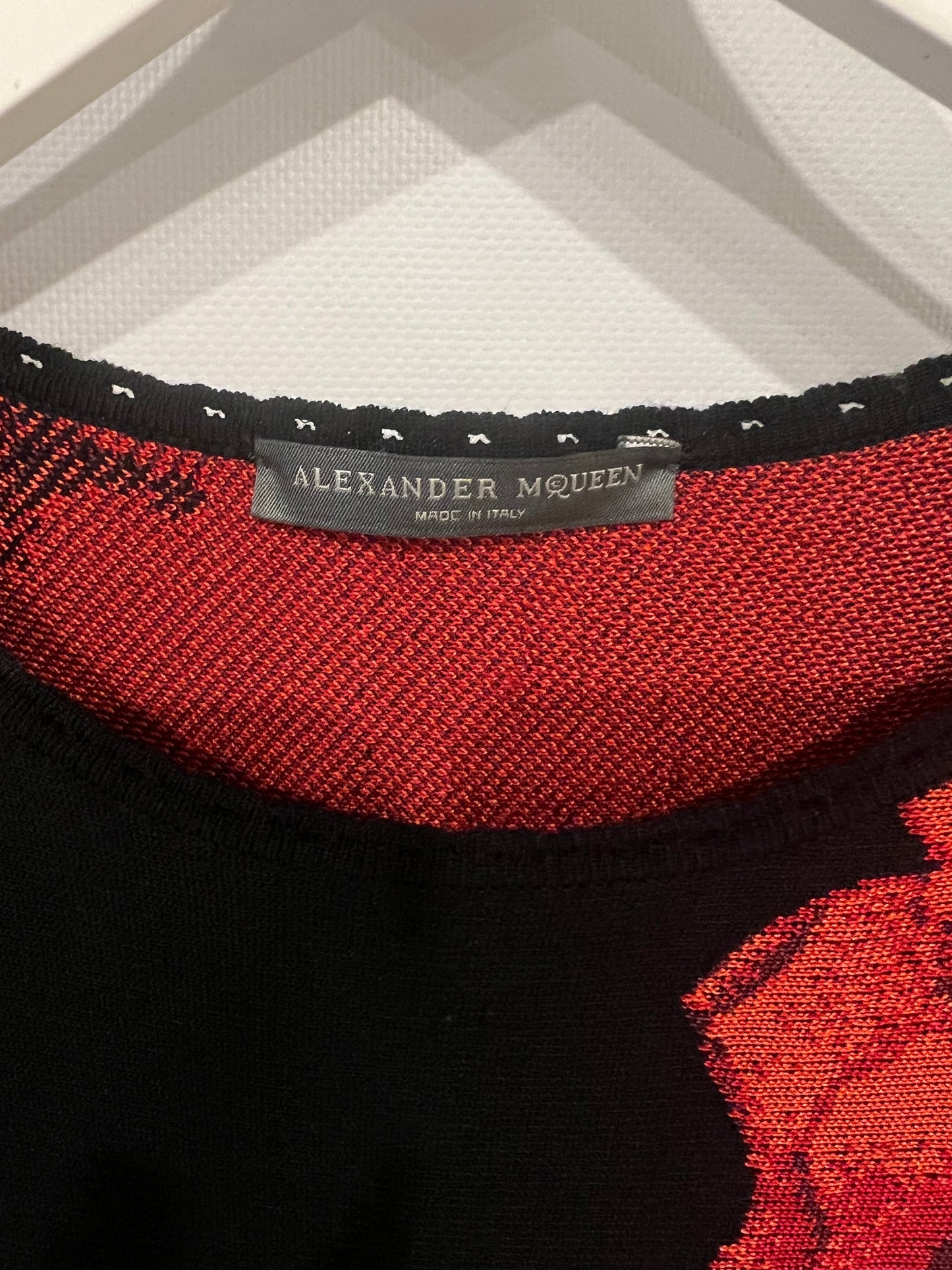 Alexander McQueen Black Short-Sleeve Dress with Red Floral Prints Size IT 40 (UK 8)