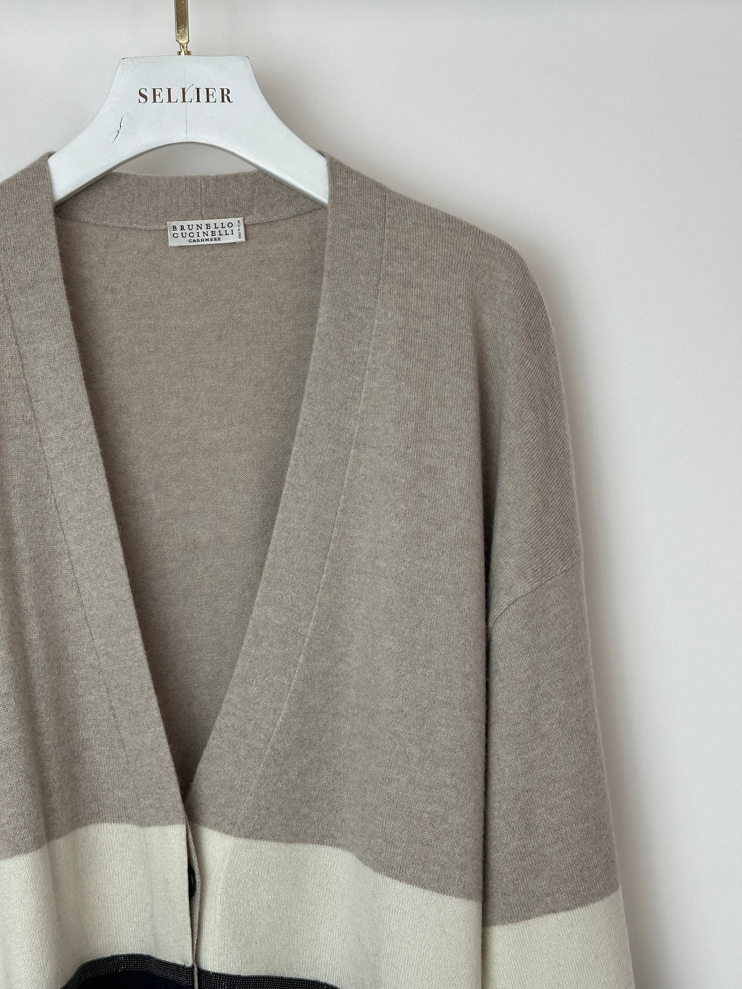 Brunello Cucinelli Taupe, White, and Grey Colour Block Cashmere Cardigan with Monili Trim Detail Size XL (UK 14)
