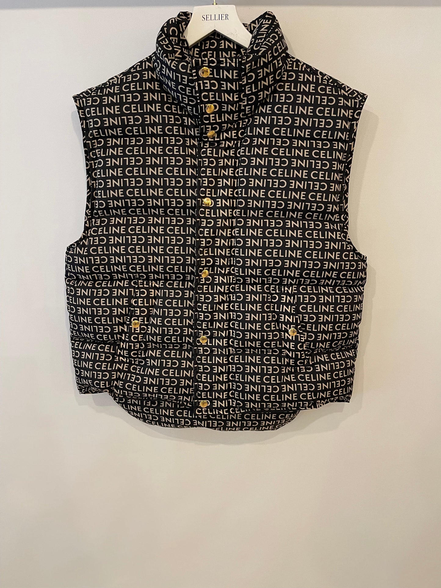 Celine Black and Beige Sleeveless Puffer Jacket with Logo Prints Size XS (UK 6)