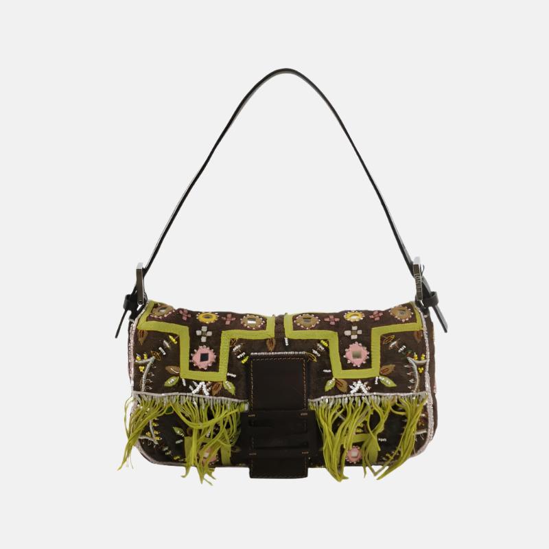Fendi Baguette   Brown Canvas with embroidery sequins mirrors and tassels