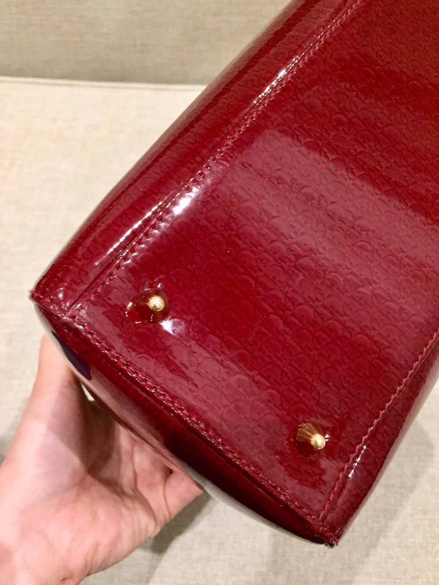 Lady Dior   Medium Red Patent Leather Monogram Embossed Handbag Gold Hardware
