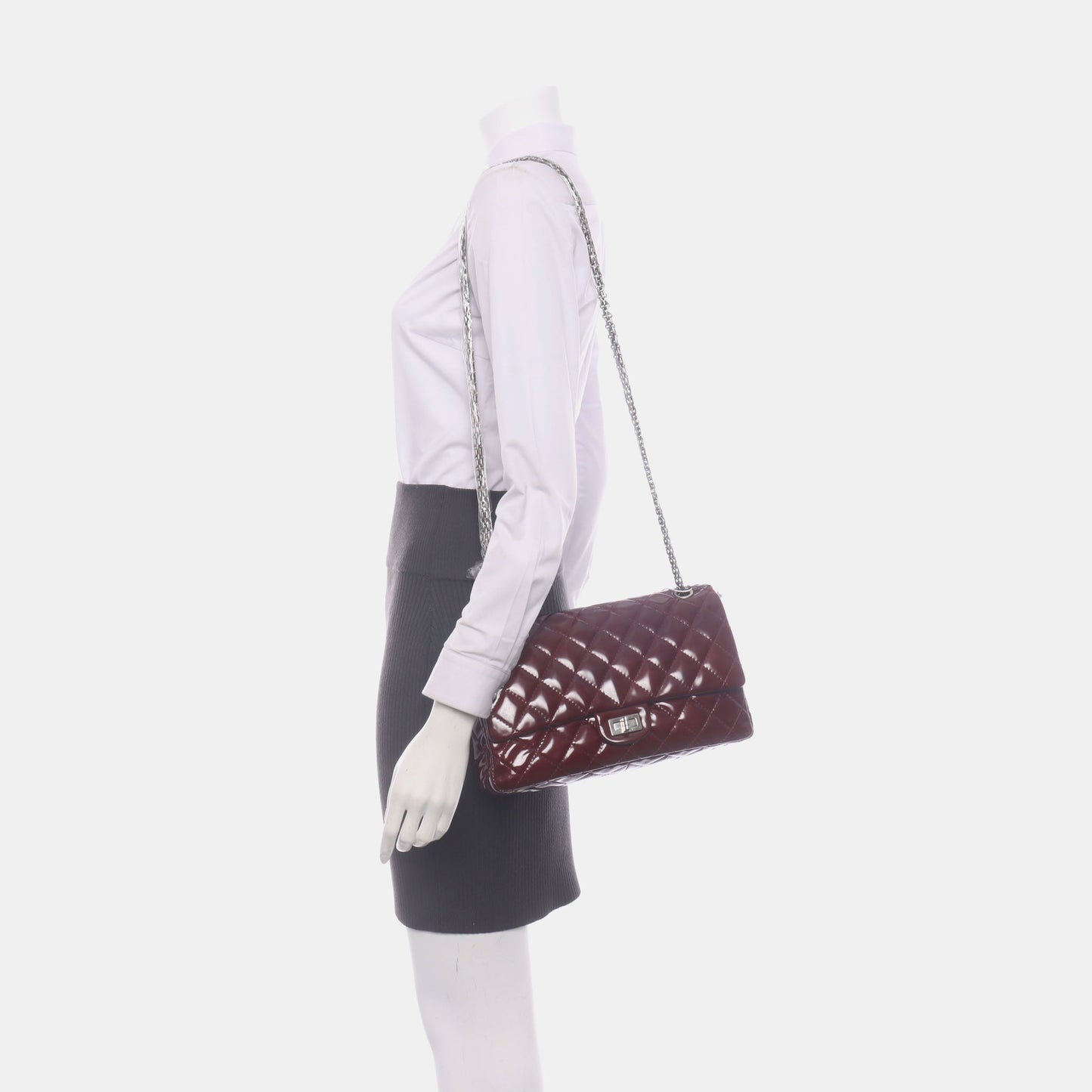 Chanel 2.55 Jumbo Double Flap Burgundy Patent Leather Silver HW 2010