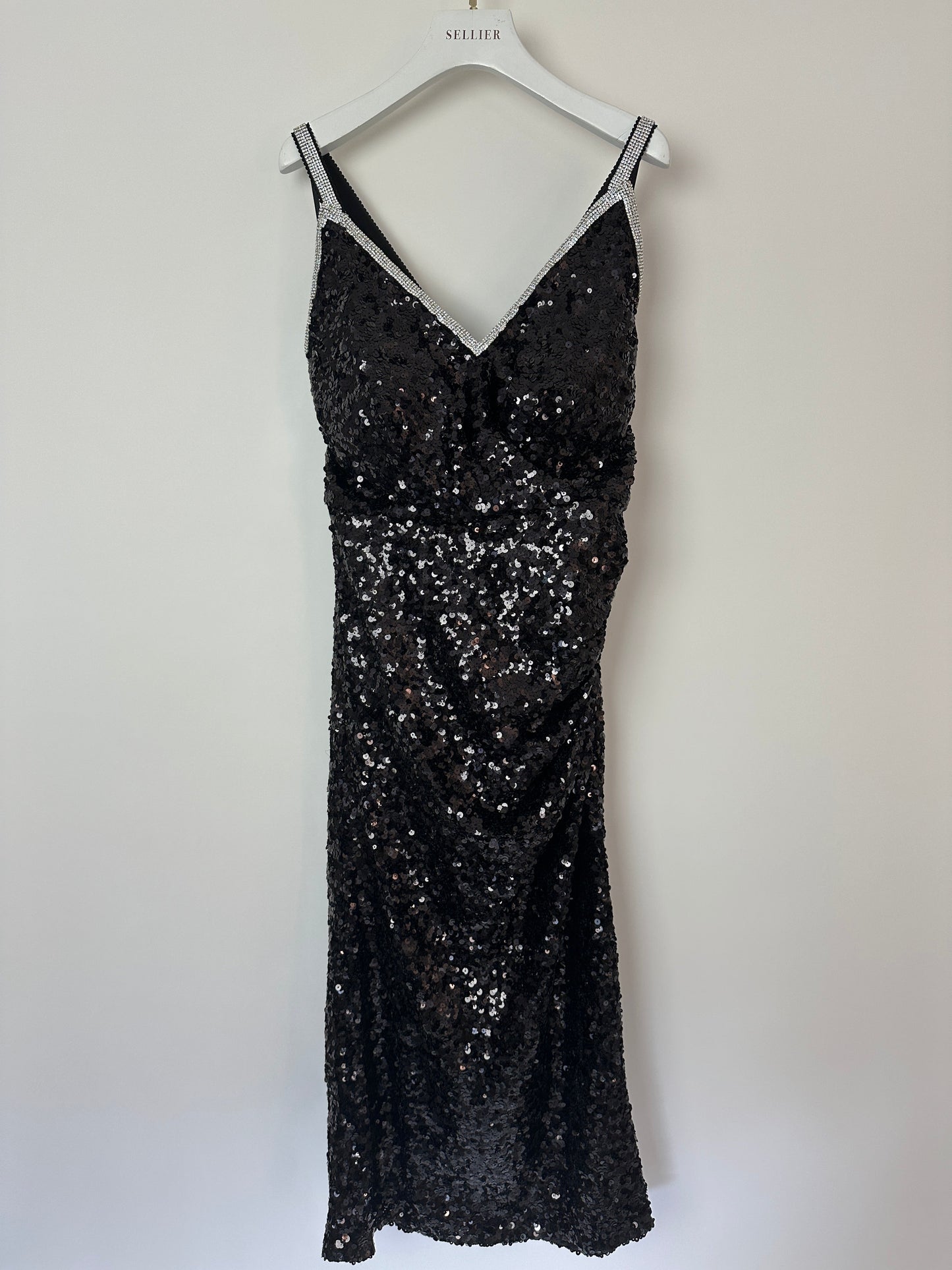 Dolce & Gabbana Exclusive Black Sequin Midi Dress with Embellished Strap Detail Size IT 48 (UK 16)