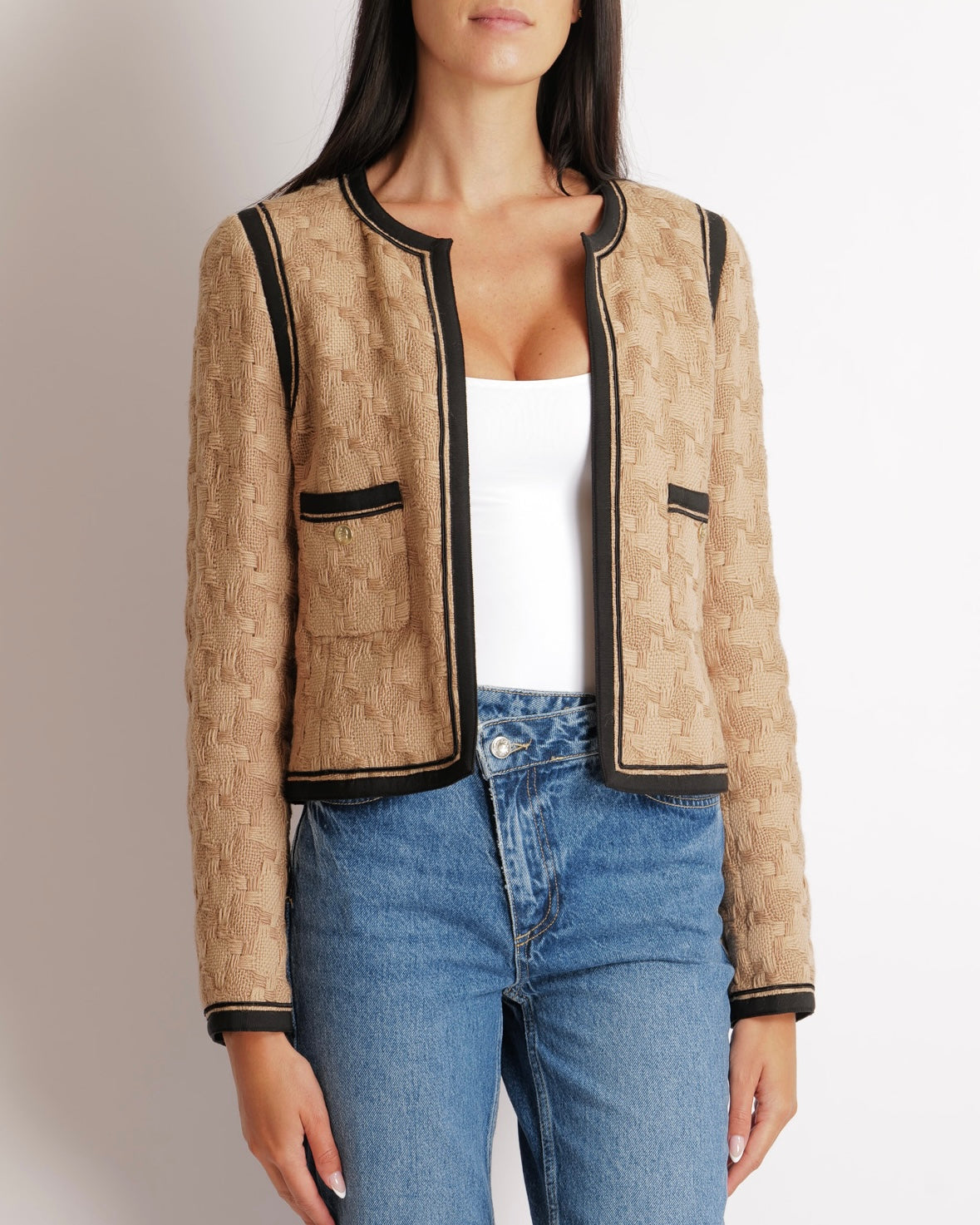 Chanel   08A Beige Wool Jacket with Black Trims and Brushed Champagne Gold CC Logo Buttons Size FR 38 (UK 10)