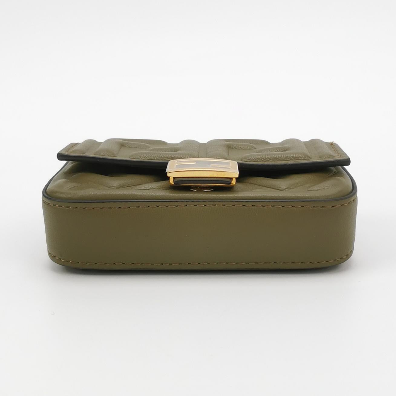 Fendi Nano Baguette Charm Khaki Green Lambskin Leather Gold Hardware