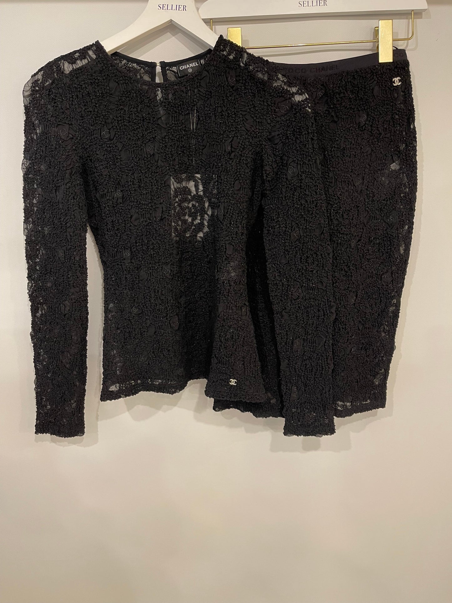Chanel Black Lace Tulle Top and Cyclist Shorts Set with Camelia Details and Crystal CC Logos Size FR 34 (UK 6)