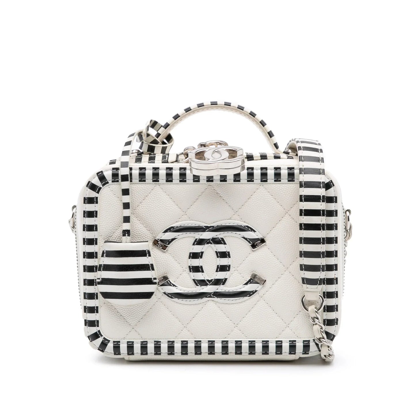 White Chanel Small Caviar Striped CC Filigree Vanity Case