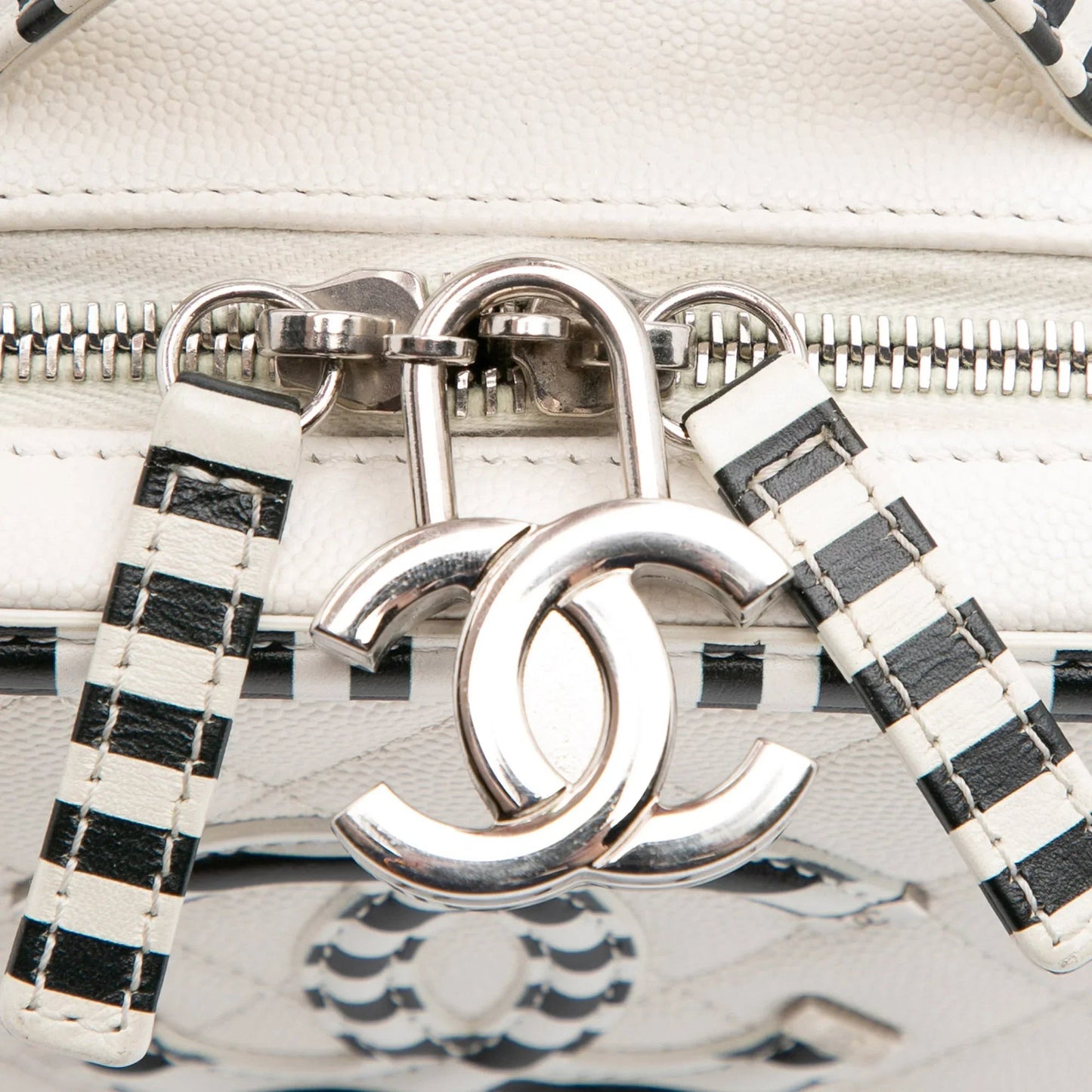 White Chanel Small Caviar Striped CC Filigree Vanity Case