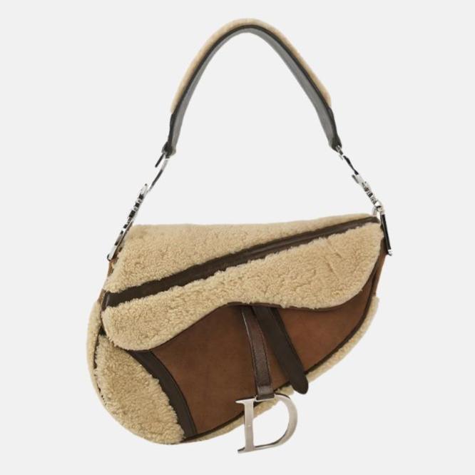 Dior Saddle   Shoulder Bag Shearling Brown and While