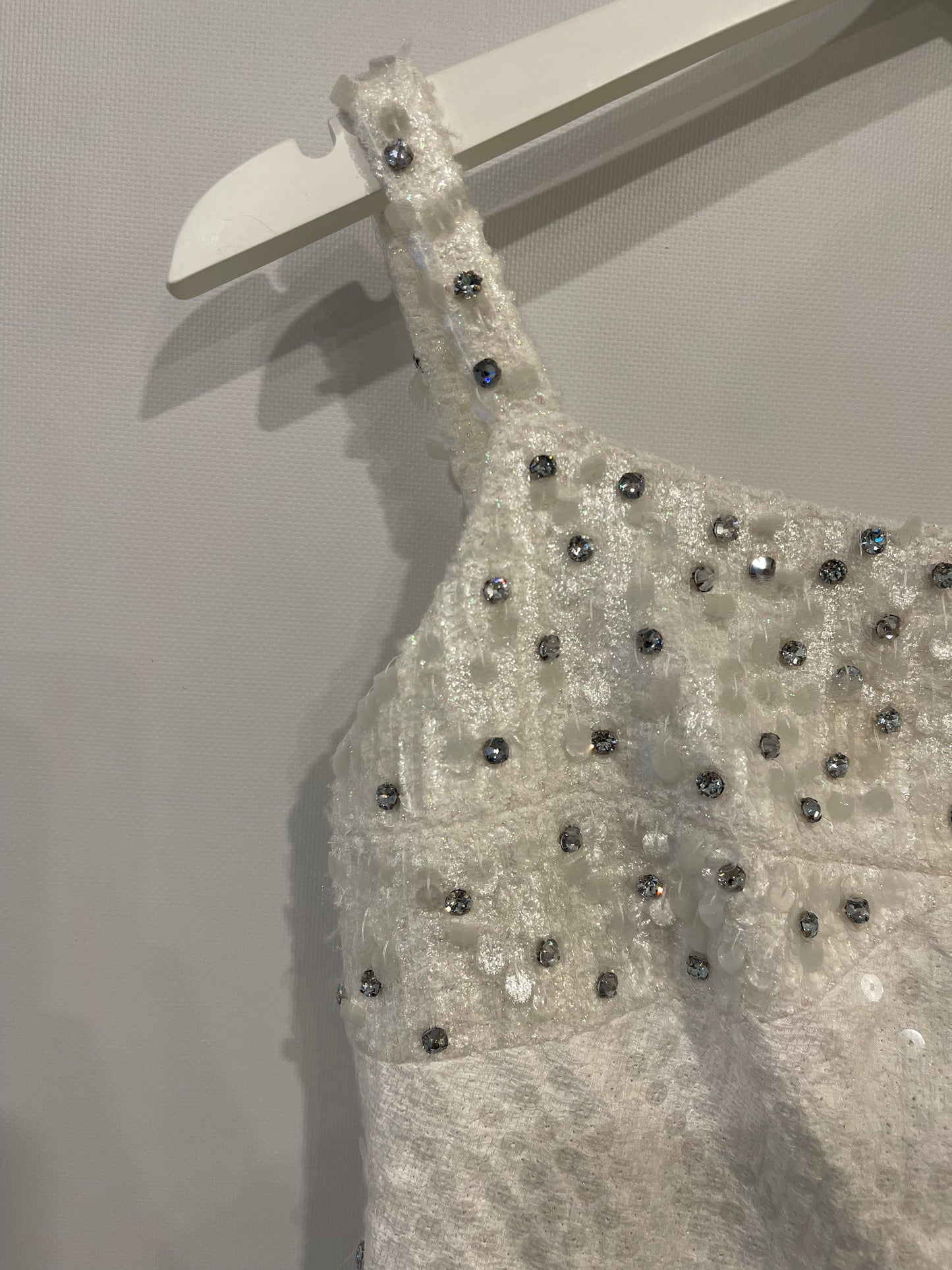 Chanel Pearl White Sleeveless Sequin and Crystal Embellished Mini Dress with Pearl CC Logo Detail Size FR 36 (UK 8)
