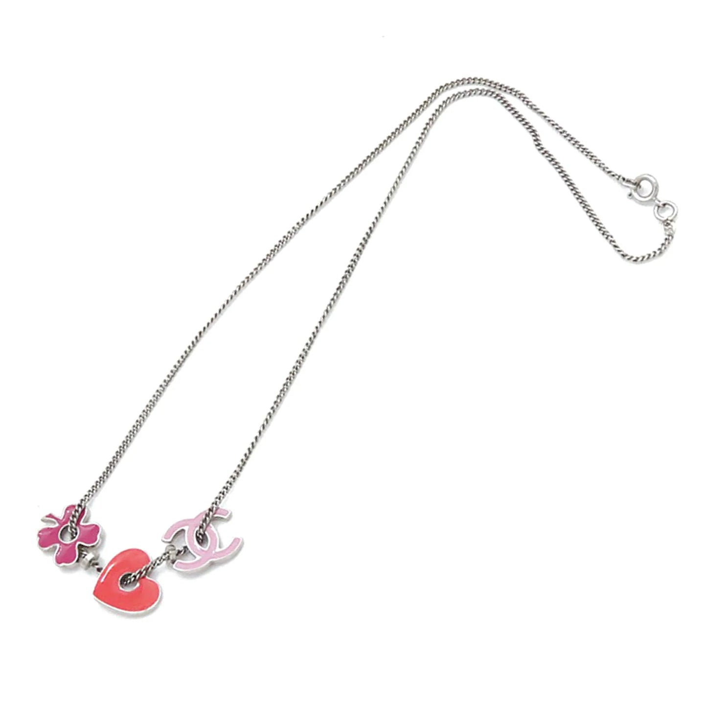 Silver Chanel CC Silver Plated Enamel Heart and Clover Charm Pendant Necklace