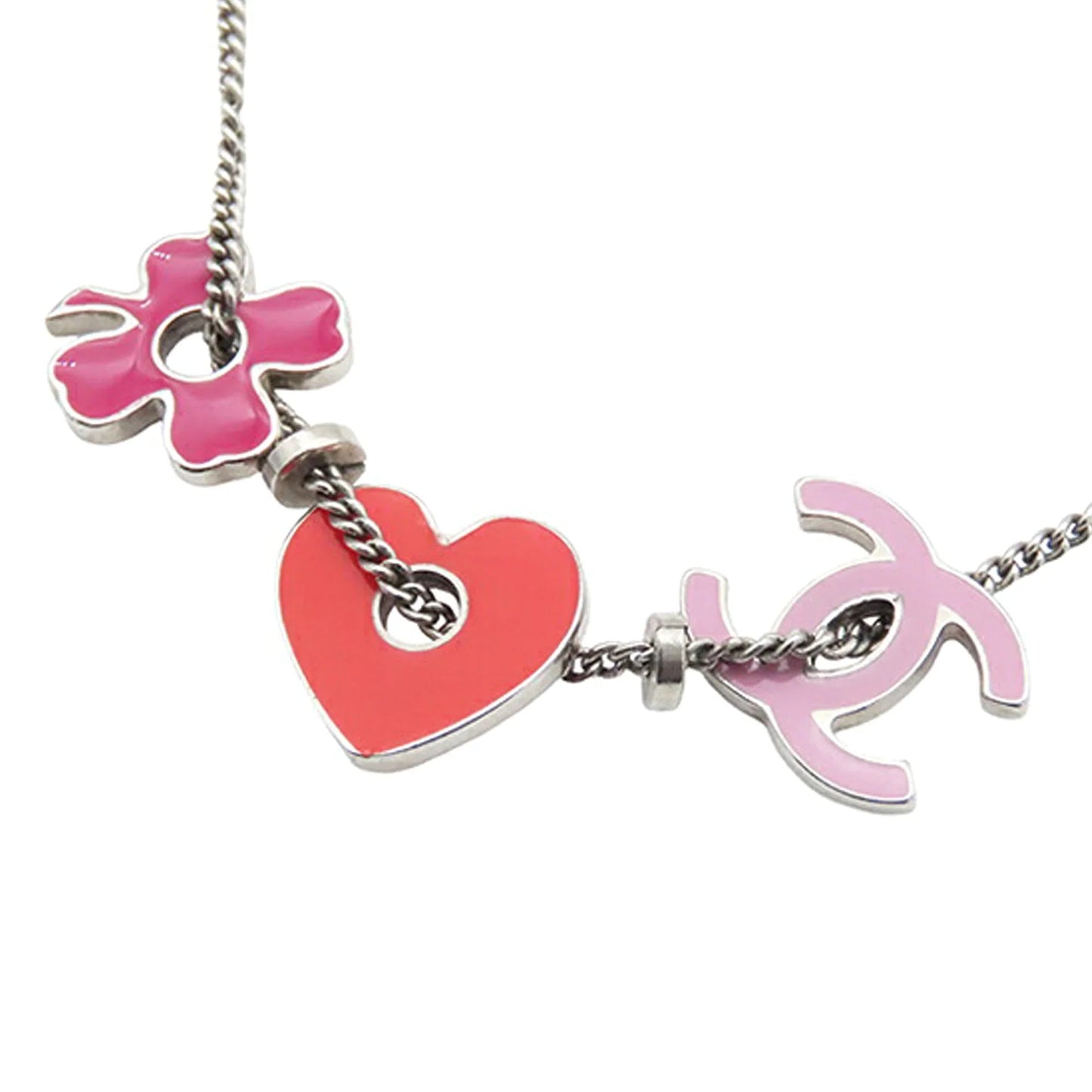 Silver Chanel CC Silver Plated Enamel Heart and Clover Charm Pendant Necklace