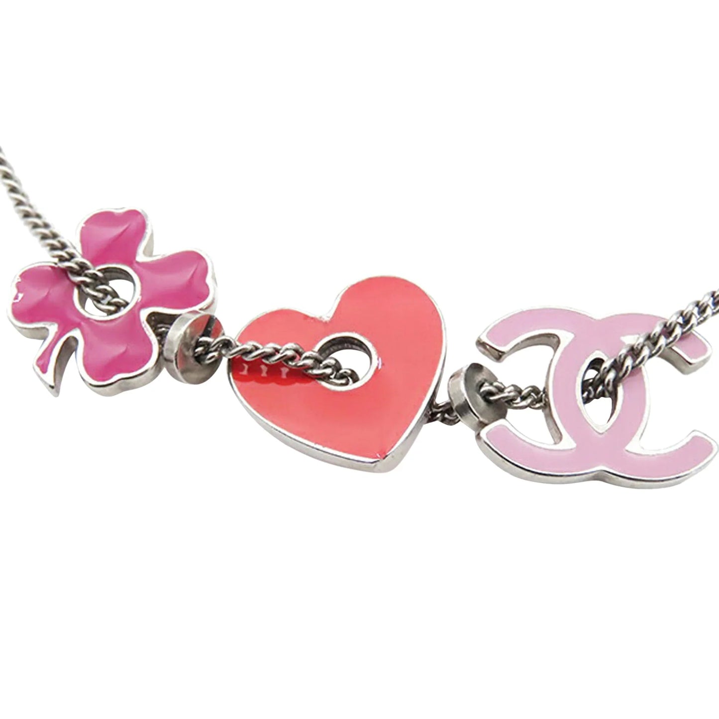 Silver Chanel CC Silver Plated Enamel Heart and Clover Charm Pendant Necklace