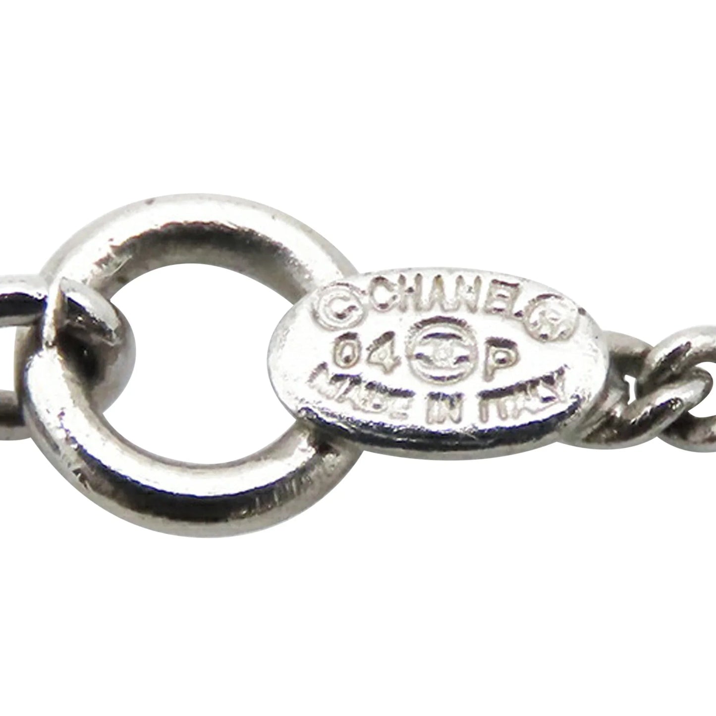 Silver Chanel CC Silver Plated Enamel Heart and Clover Charm Pendant Necklace
