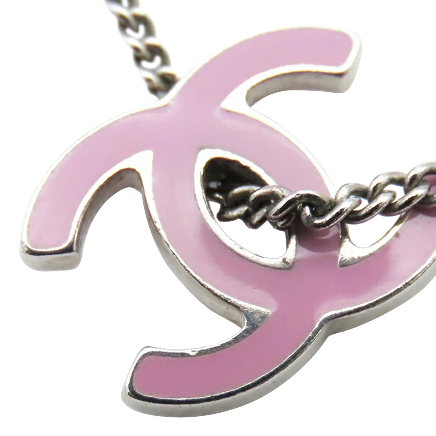 Silver Chanel CC Silver Plated Enamel Heart and Clover Charm Pendant Necklace
