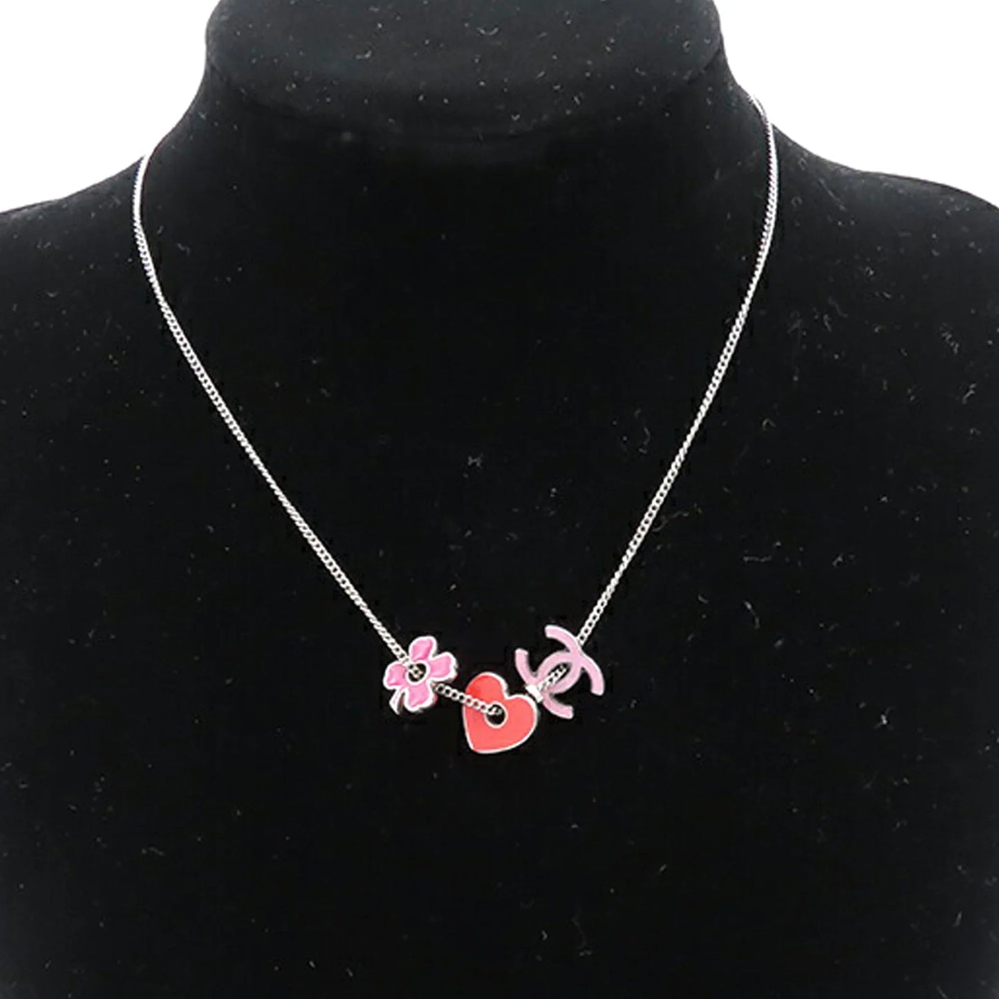 Silver Chanel CC Silver Plated Enamel Heart and Clover Charm Pendant Necklace