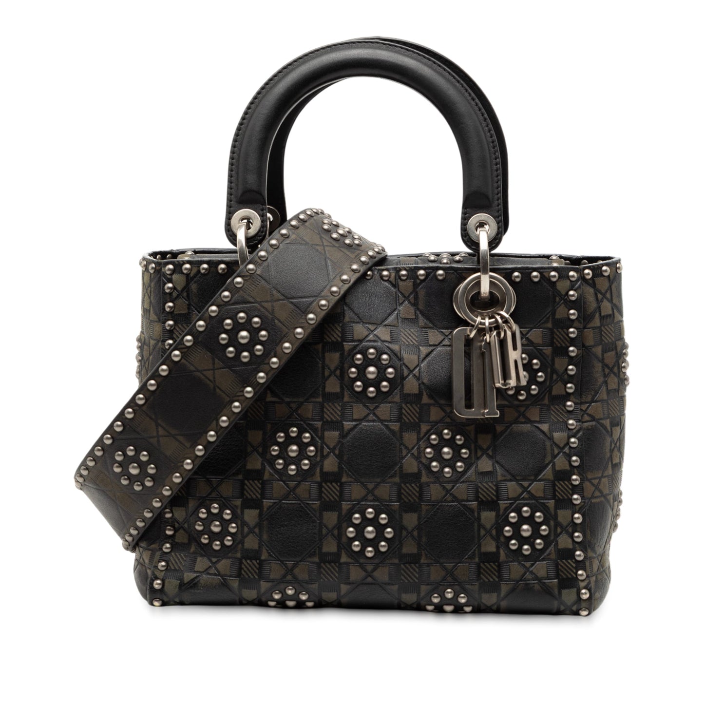 Black Dior Medium Calfskin Cannage Embossed Flower Studded Supple Lady Dior Satchel