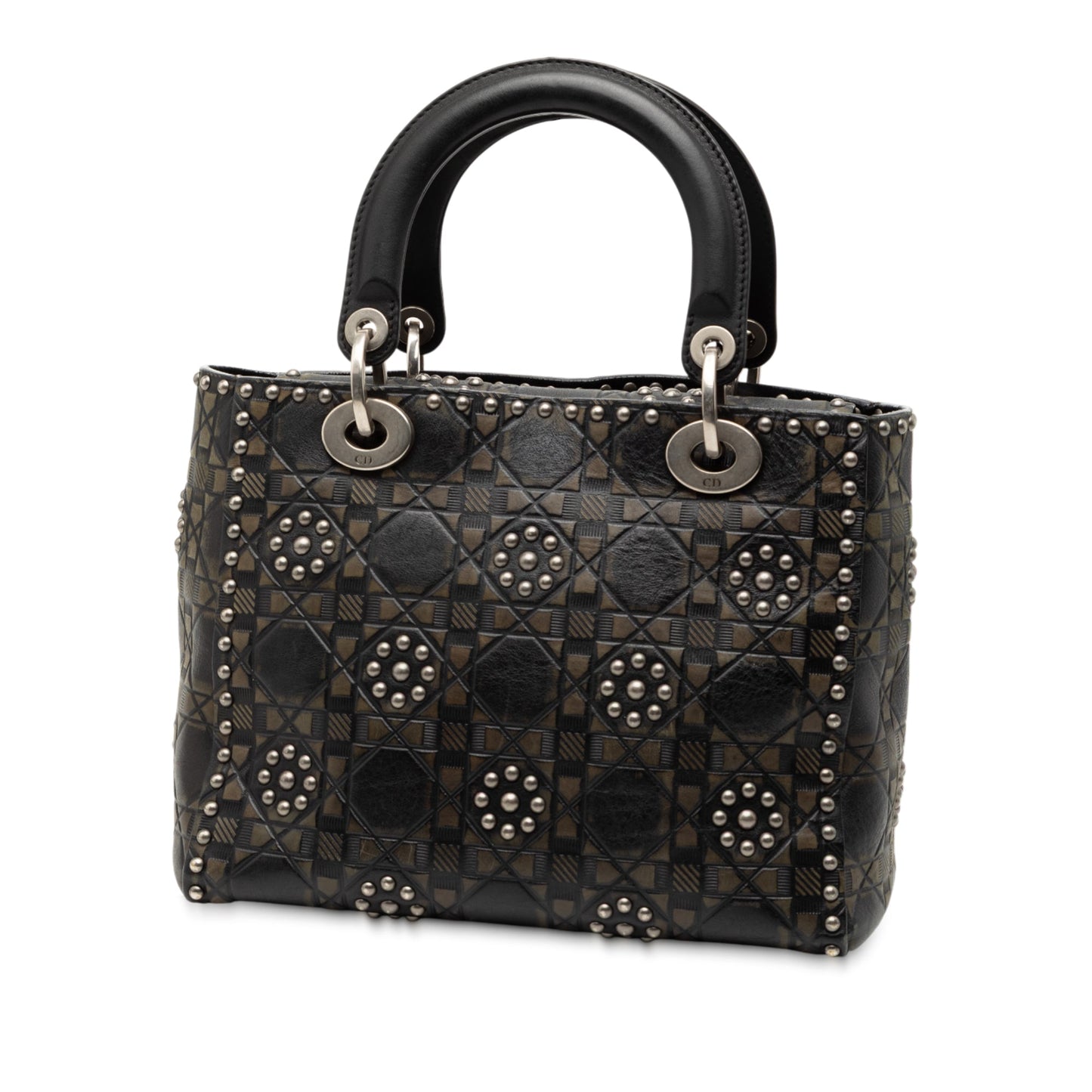 Black Dior Medium Calfskin Cannage Embossed Flower Studded Supple Lady Dior Satchel