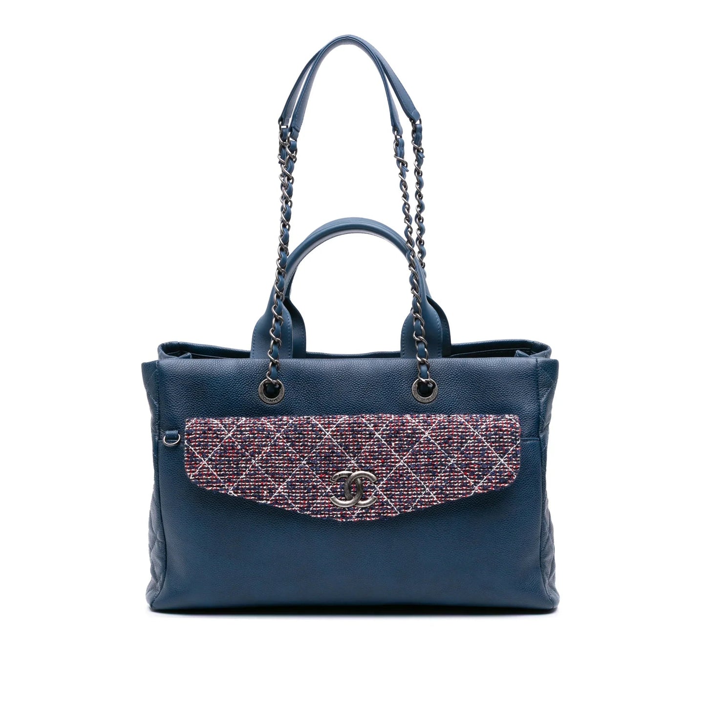 Blue Chanel Large Caviar and Tweed Coco Break Shopping Tote Satchel