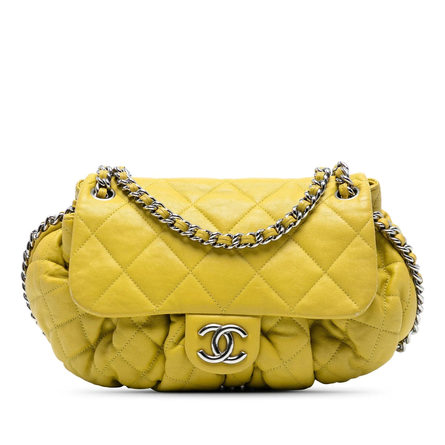 Yellow Chanel CC Quilted Lambskin Chain Around Flap Crossbody Bag