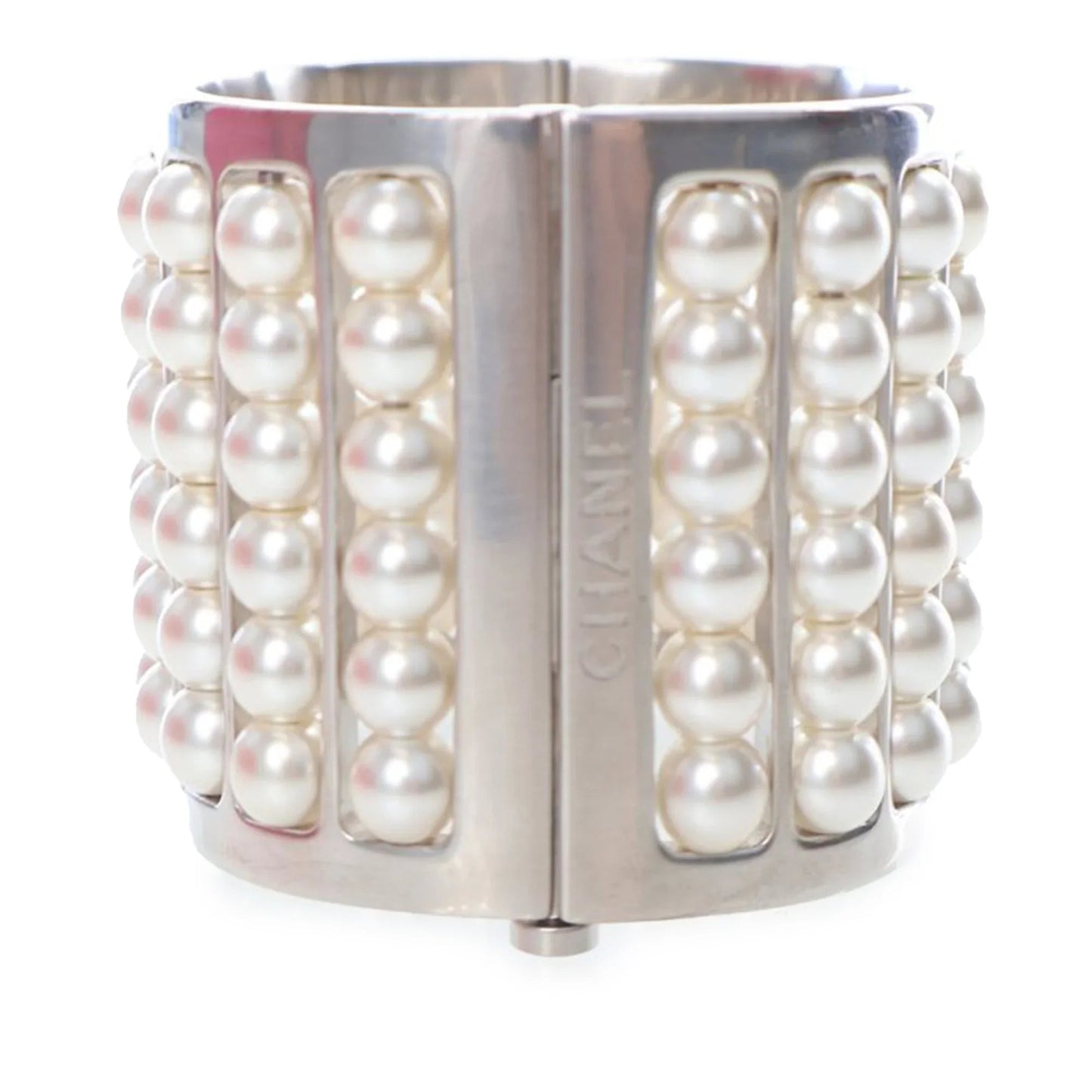 Silver Chanel Silver Plated Wide Pearl Cuff Bracelet