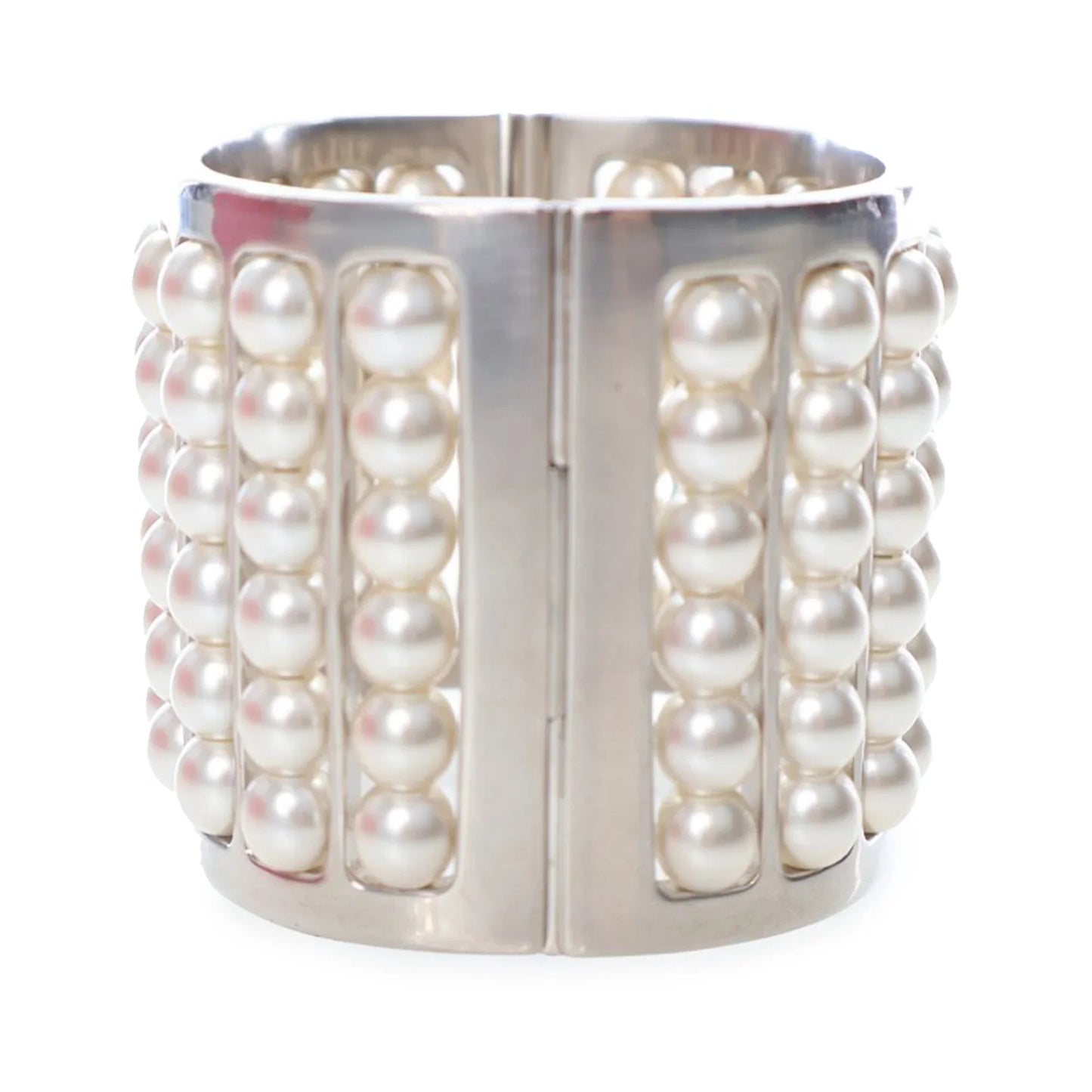 Silver Chanel Silver Plated Wide Pearl Cuff Bracelet