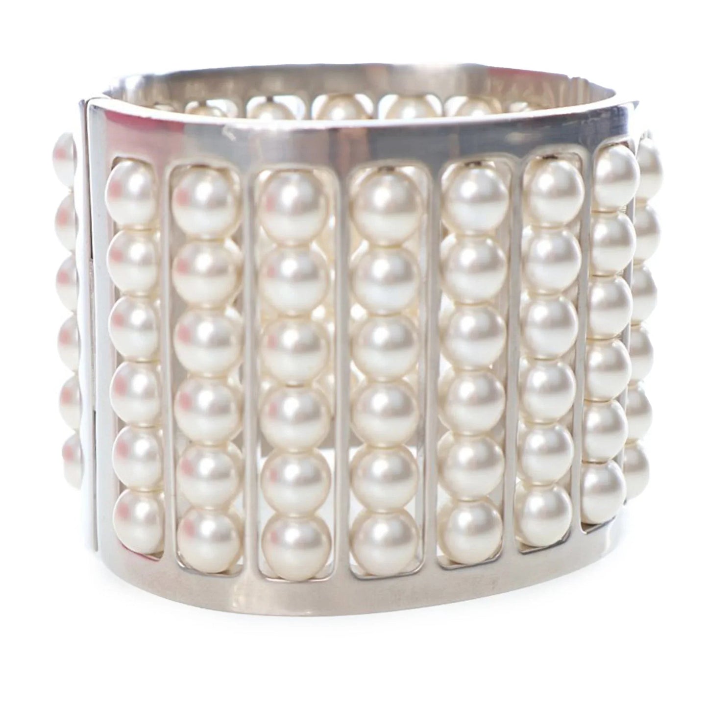 Silver Chanel Silver Plated Wide Pearl Cuff Bracelet