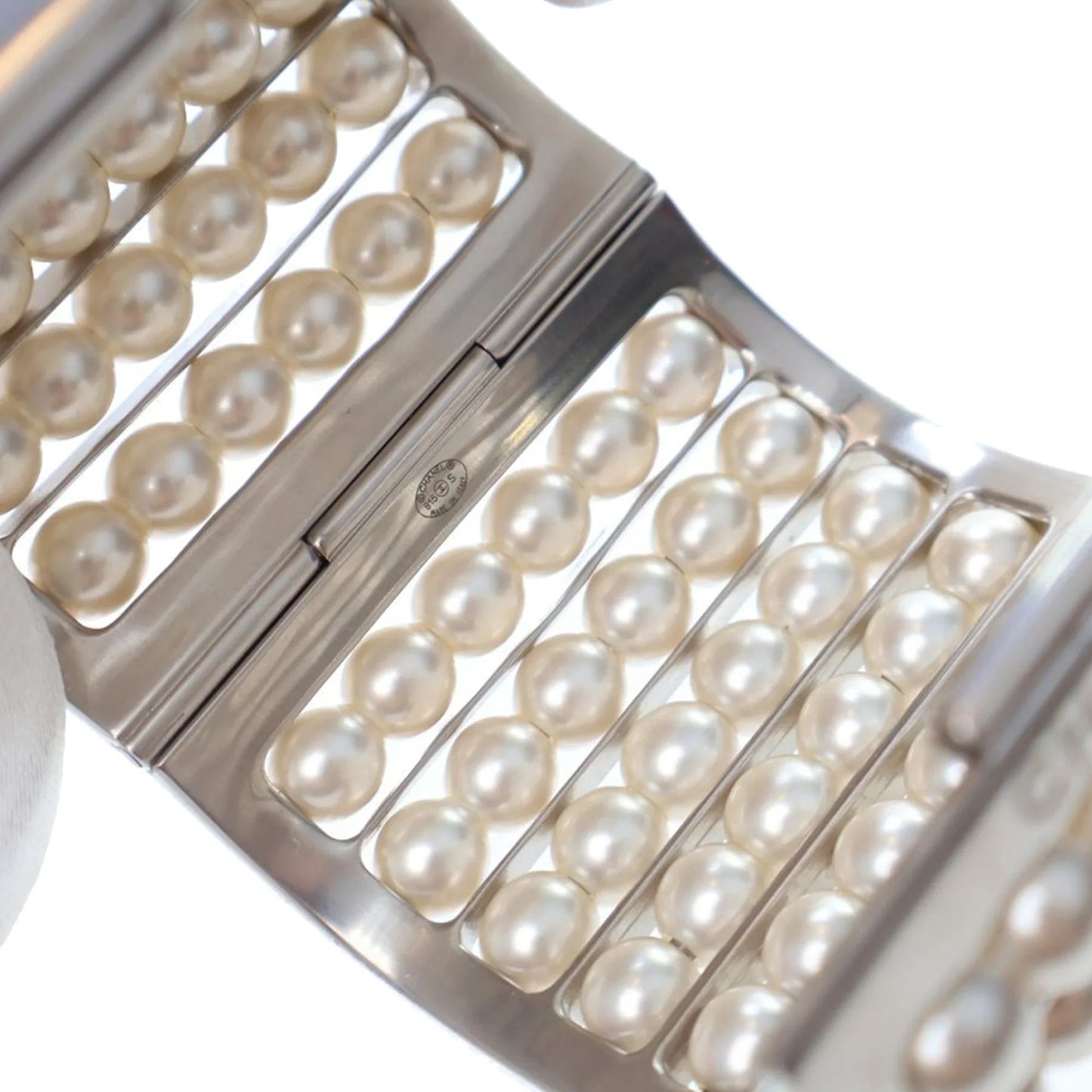 Silver Chanel Silver Plated Wide Pearl Cuff Bracelet