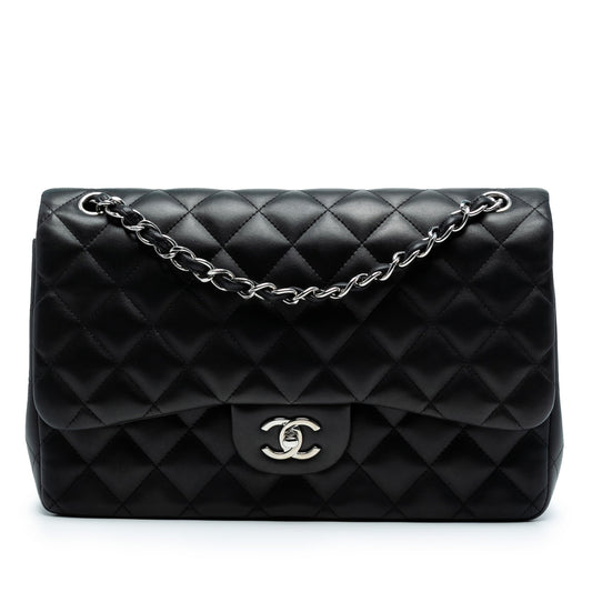 Black Chanel Jumbo Classic Lambskin Double Flap Shoulder Bag