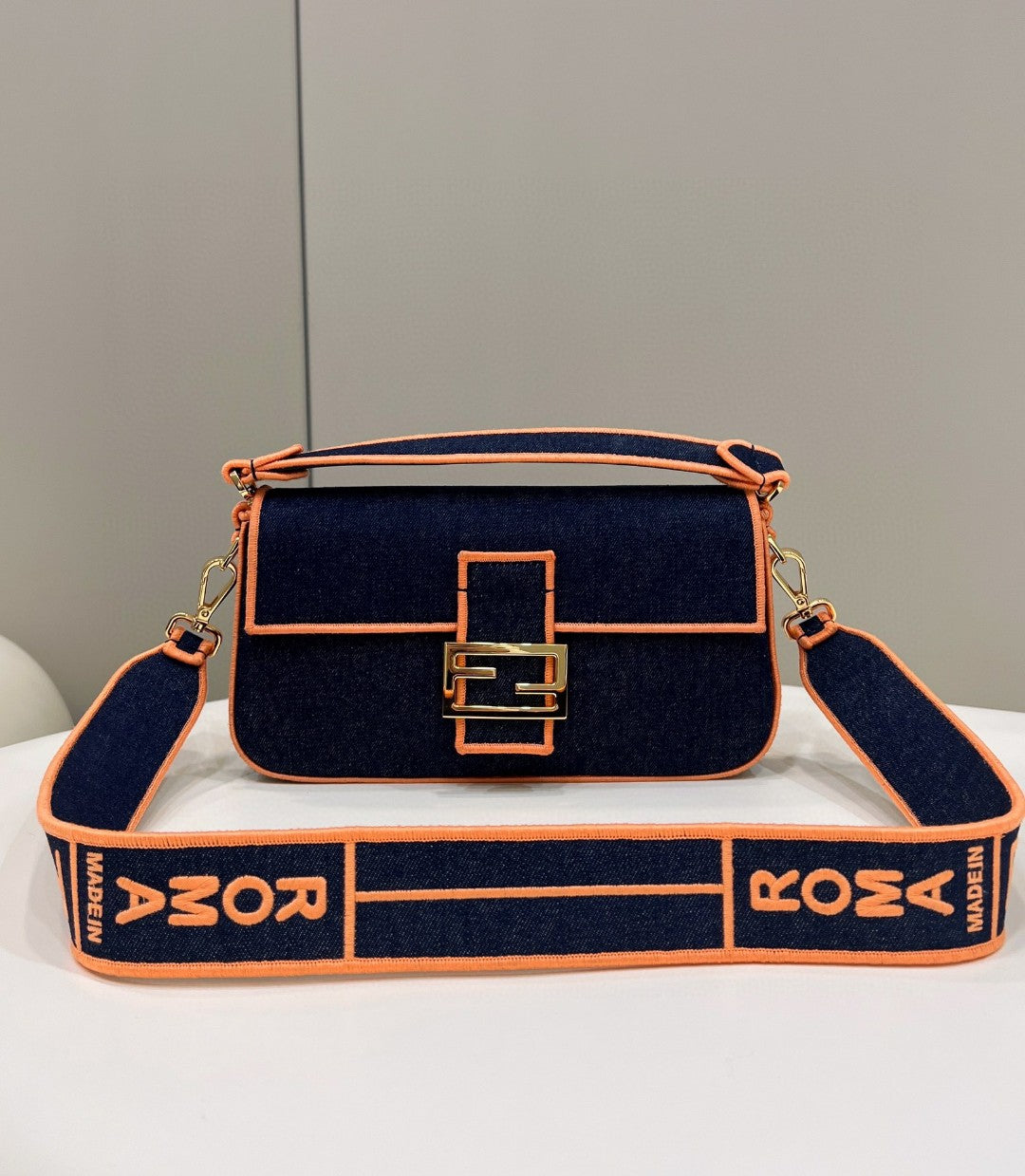 Top QualityTop Quality Baguette Blue Denim Orange Border Bag For Woman 26cm/10in
