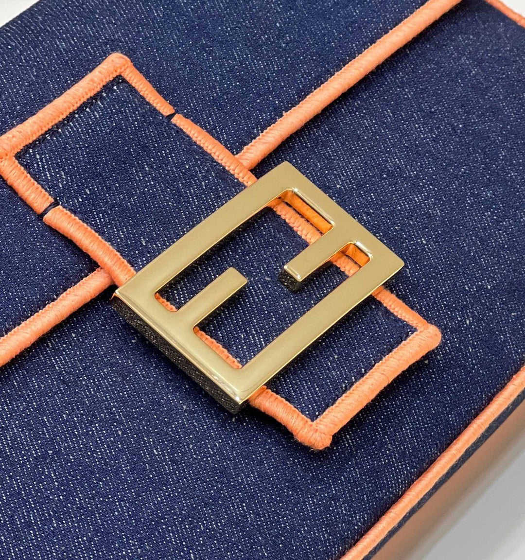 Top QualityTop Quality Baguette Blue Denim Orange Border Bag For Woman 26cm/10in