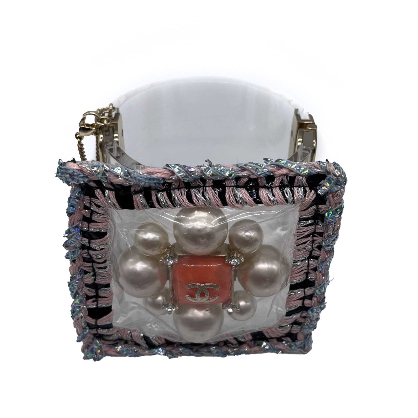 CHANEL - Tweed Crochet PVC CC Supermarket Pearl Strass Orange Gripoix Clear Cuff
