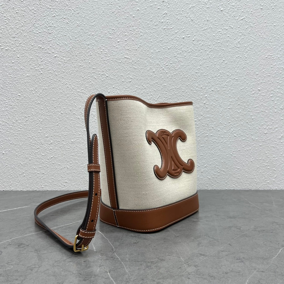 Top Quality Small Bucket Cuir Triomphe In Textile Natural / Tan For Women 9in/22cm 198242EFL.02NT