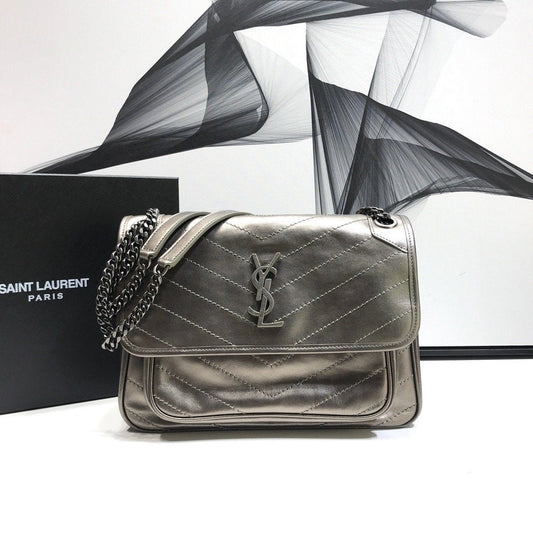 YSSL Niki Medium Chain Bag In Crinkled  Silver For Women 11in/28cm YSL 