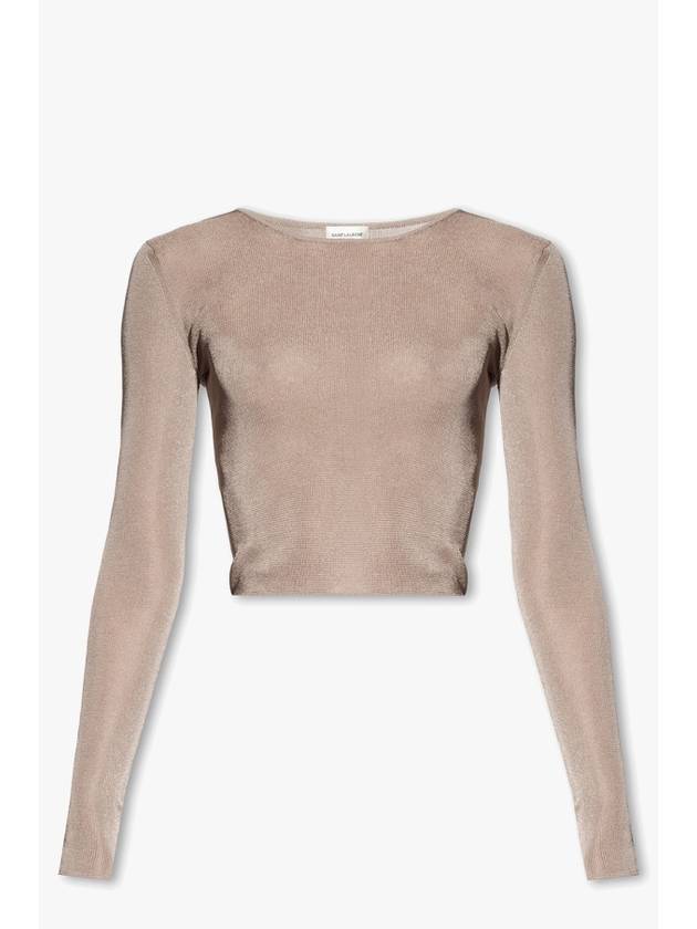 Luxury Saint Laurent Trending 2025 Rib Detail Viscose Crop Long Sleeve T-Shirt Pink