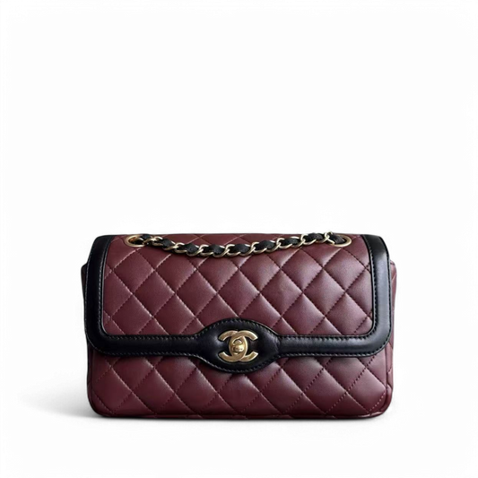 Chanel Seasonal Two-tone Flap - Quilted Lambskin Dark Burgundy Red Black Gold Hardware Series 21