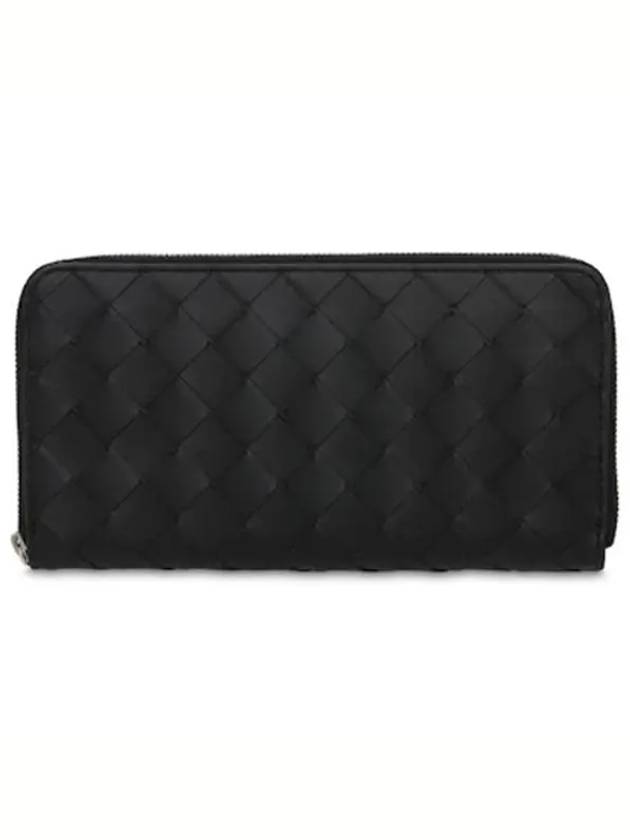 Luxury Bottega Veneta Interciato Leather Zipper Around Long Wallet Black
