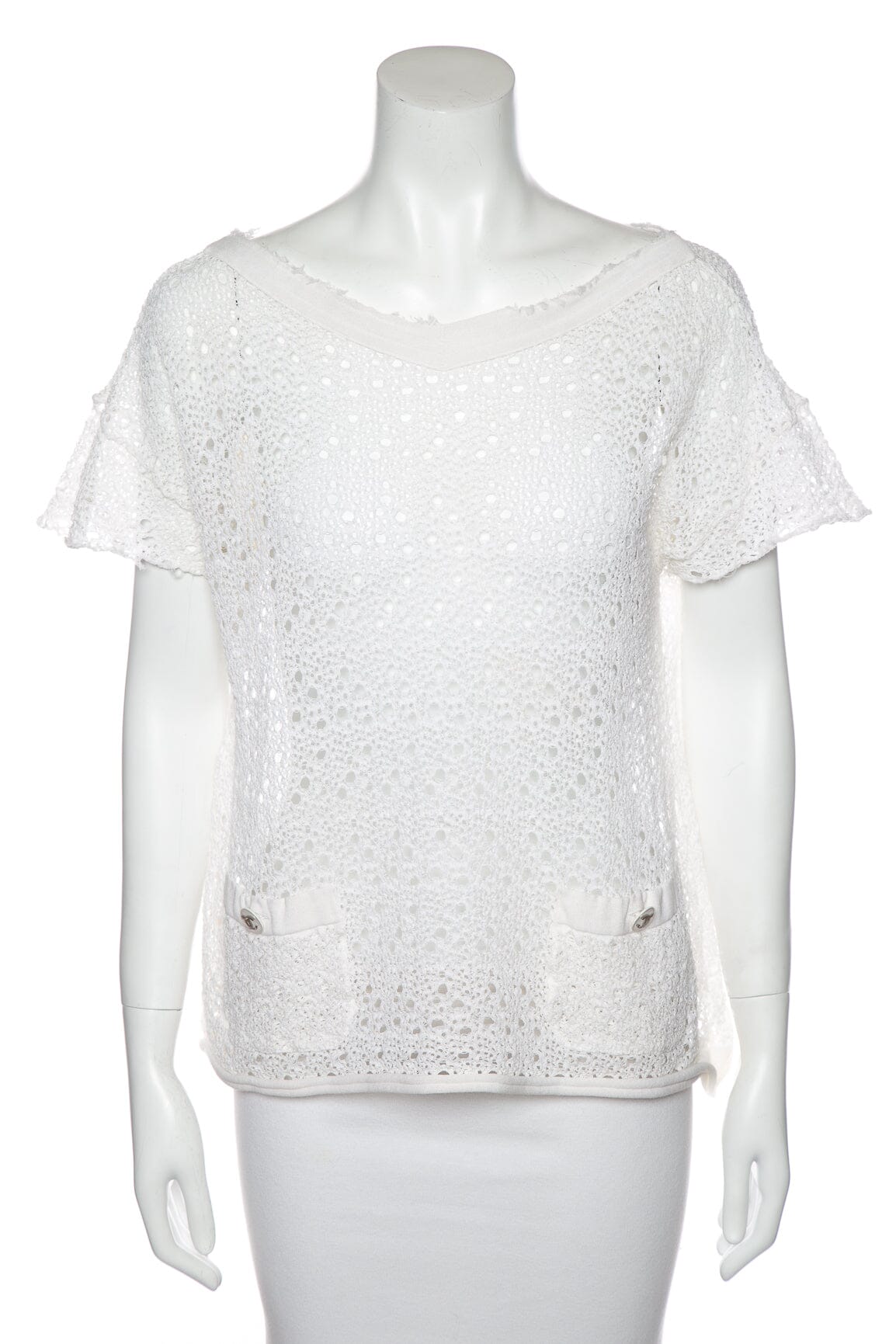 Chanel White Short Sleeve Crochet Blo  SZ M