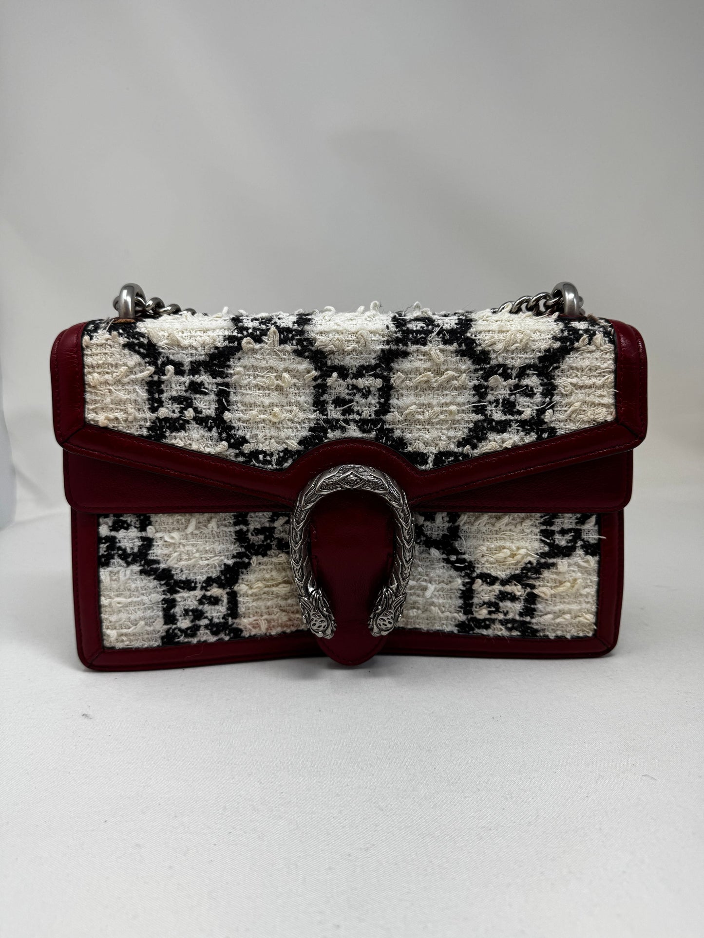 GUCCI Tweed GG Monogram Small Dionysus Shoulder Bag White Black Romantic Cherry B-