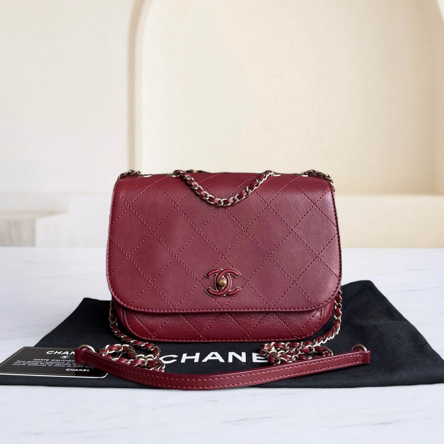 Chanel Flap Bag - Calfskin Stitched Small Flap Burgundy Gold Hardware Series 28