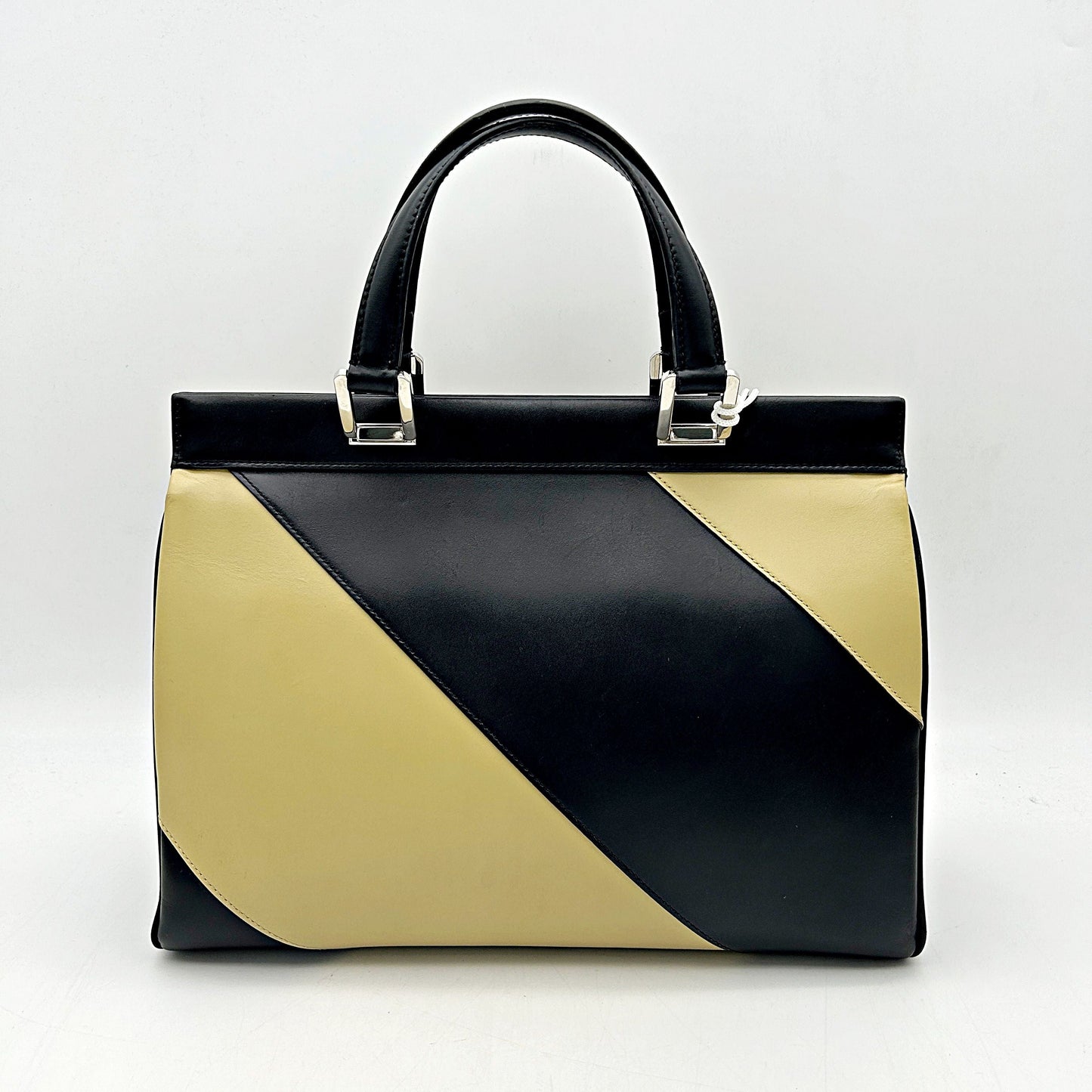 GUCCI Smooth Calfskin Diagonal Striped Small Zumi Top Handle Bag Black Beige LA