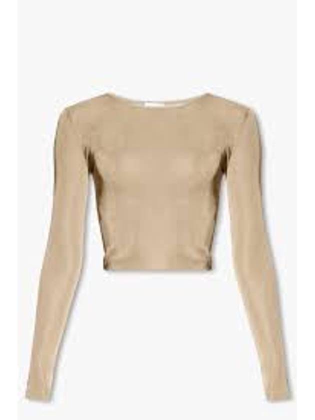 Luxury Saint Laurent Trending 2025 Rib Detail Viscose Crop Long Sleeve T-Shirt Beige