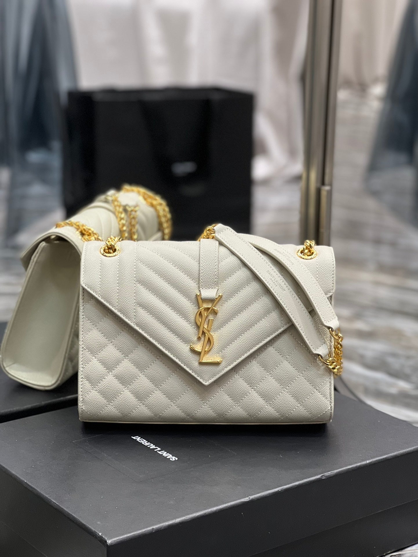 YSSL Envelope Medium Chain Bag White For Women, Women’s Bags 9in/24cm YSL