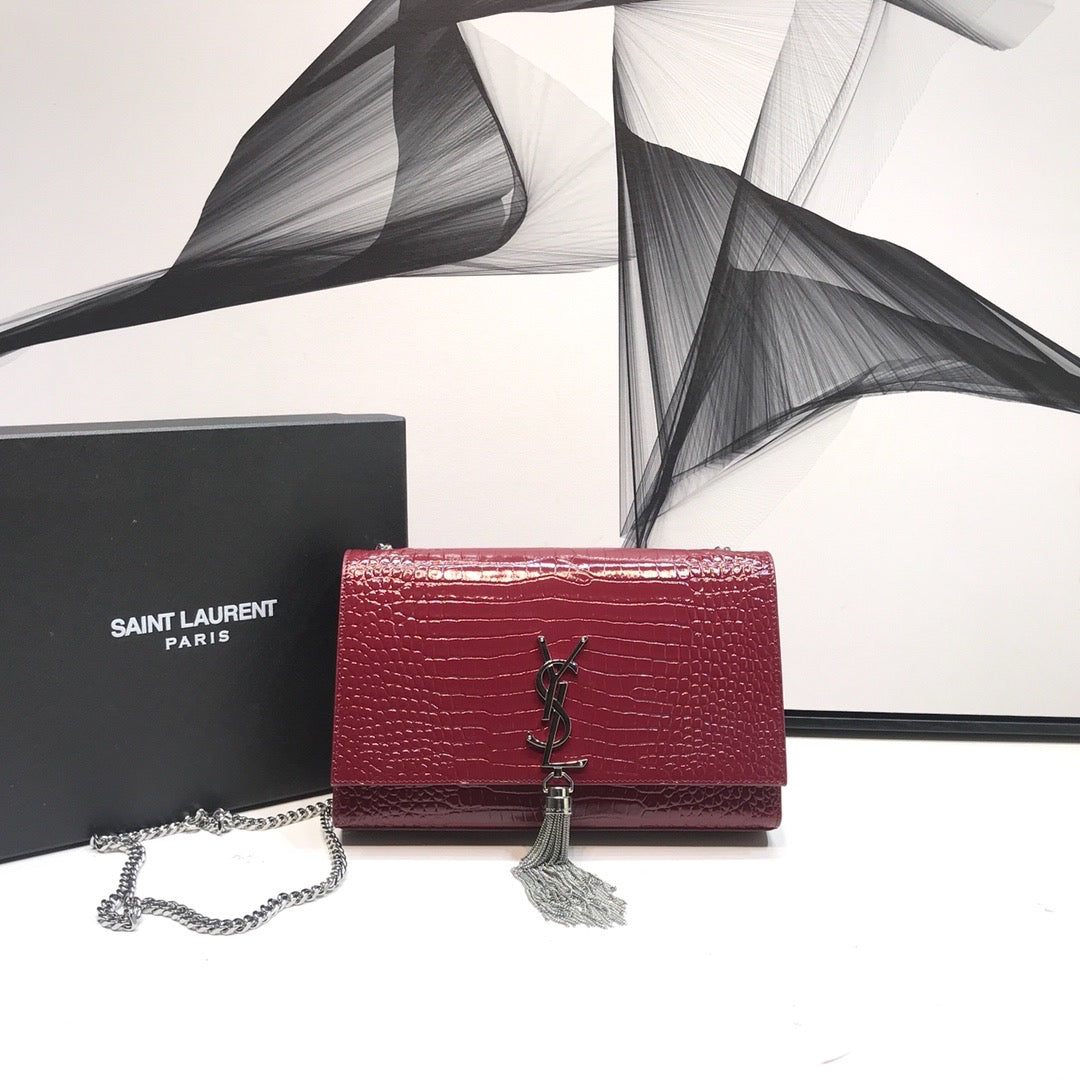 YSSL Kate Medium Chain Bag With Tassel In Shiny-Embossed Burgundy For Women 9in/24cm 