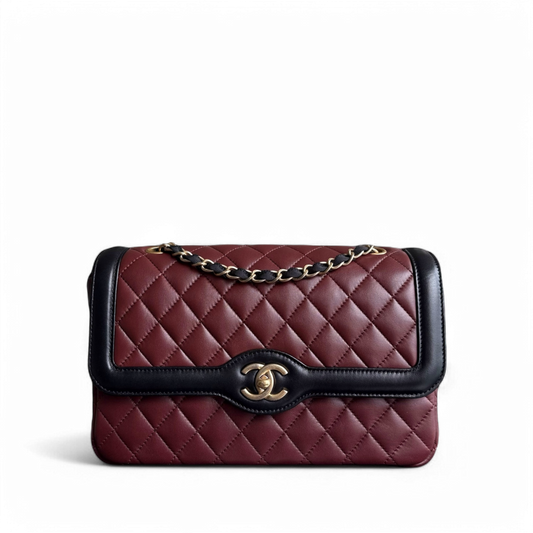 Chanel Seasonal Two-tone Flap Medium - Quilted Lambskin Dark Burgundy Red Black Gold Hardware Series 21