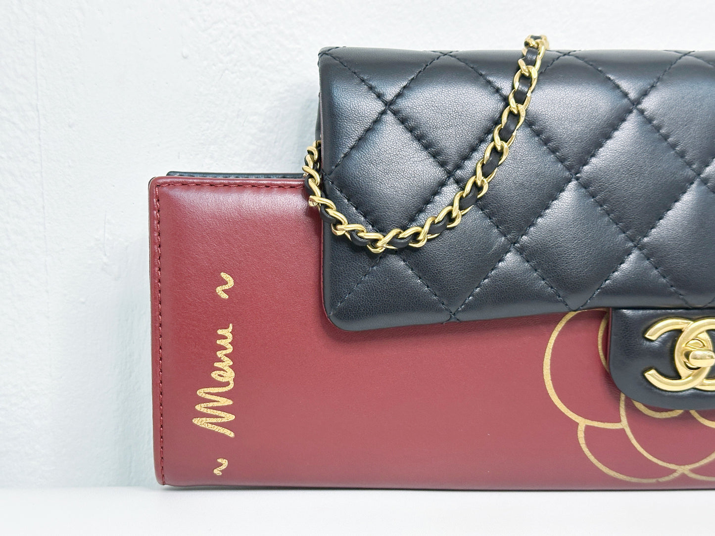 Chanel  Classic Flap Gabrielle Brasserie Menu Clutch Burgundy and Black Lambskin Antique GHW 2163 holo card