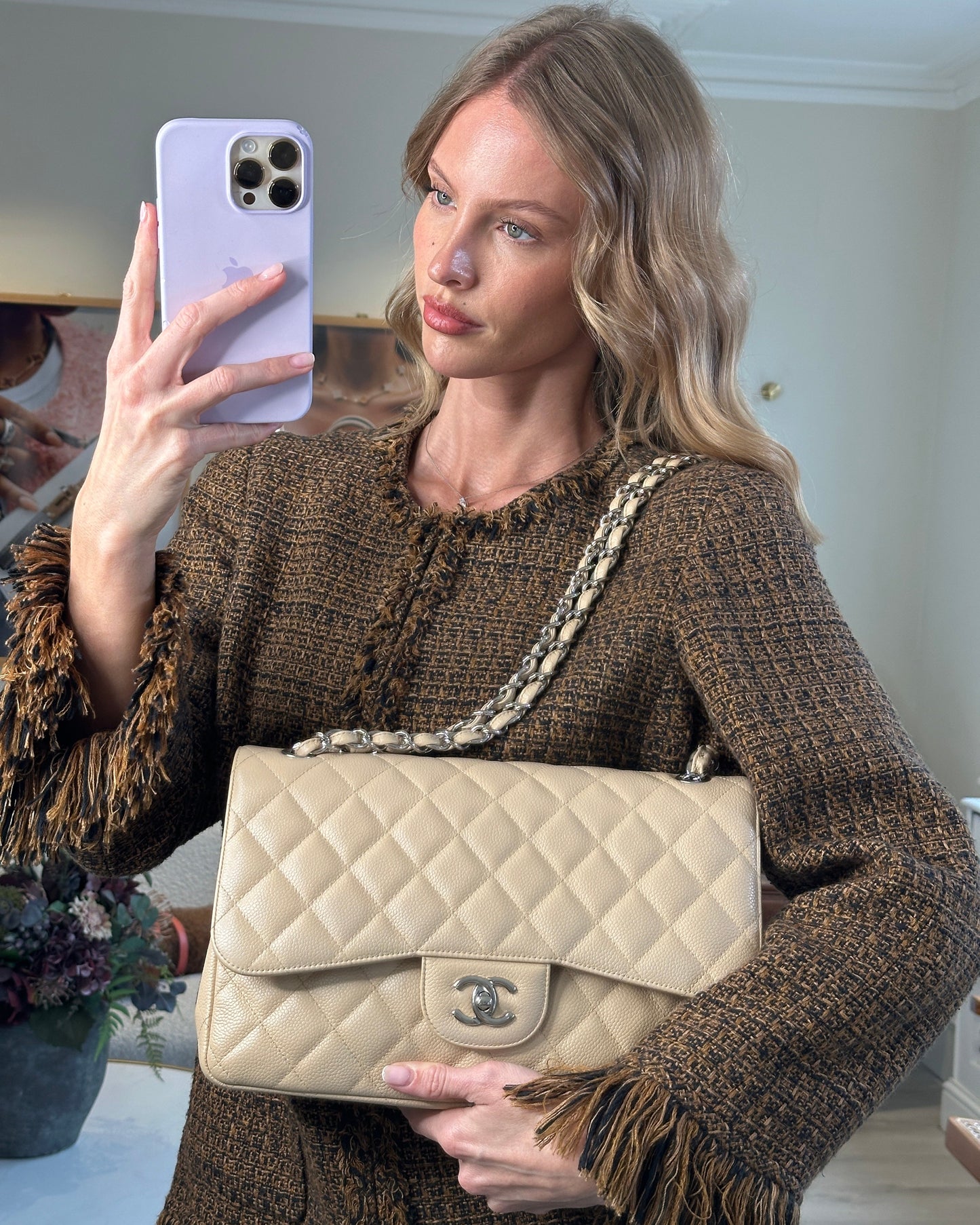 Chanel Beige Jumbo Classic Double Flap Bag in Caviar Leather with Silver Hardware RRP ¬£9,240