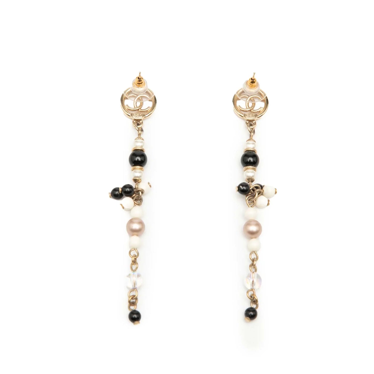 Gold Chanel Gold Plated CC Faux Pearl Beads Drop Push Back Earrings